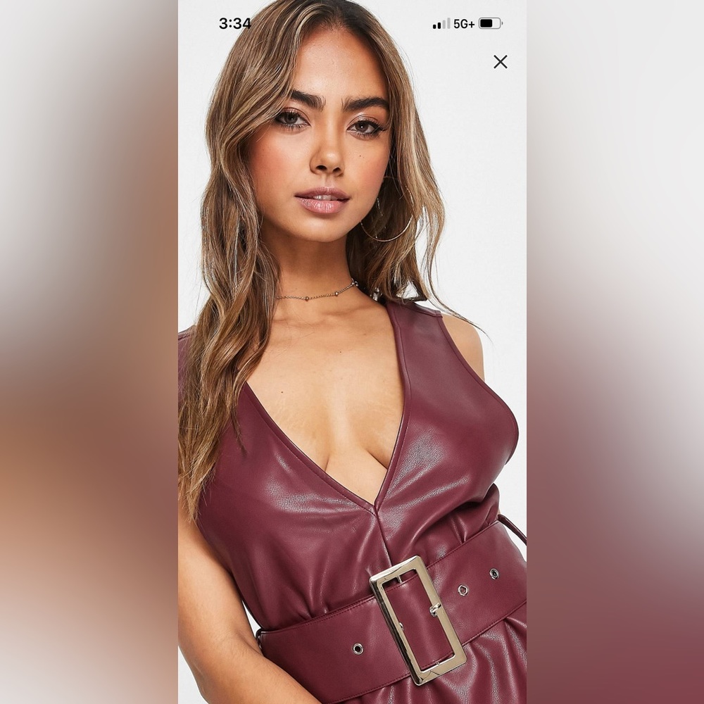 Miss Selfridge belted faux leather dress in burgundy - Picture 3 of 7